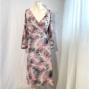 Wrap Dress Stretchy Gray Pink on Cream Modest Nature Spring 3/4 Sleeve SMALL